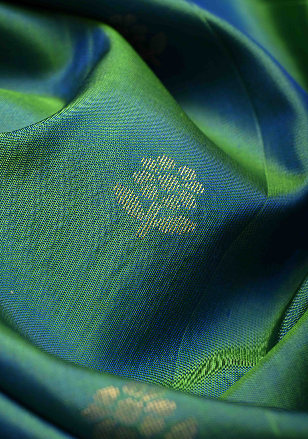 Peacock Blue Green Dual tone Kanjivaram Soft Silk Saree with Resham Buttas and Contrast Purple Border | SILK MARK CERTIFIED
