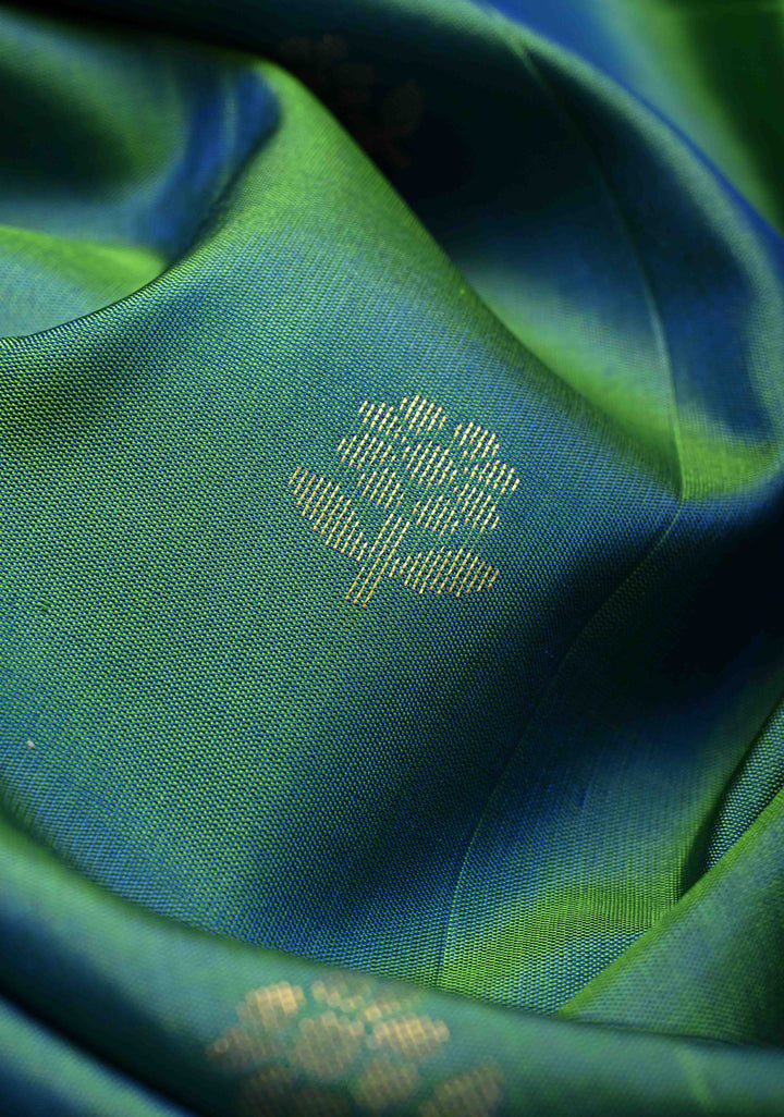 Peacock Blue Green Dual tone Kanjivaram Soft Silk Saree with Resham Buttas and Contrast Purple Border | SILK MARK CERTIFIED