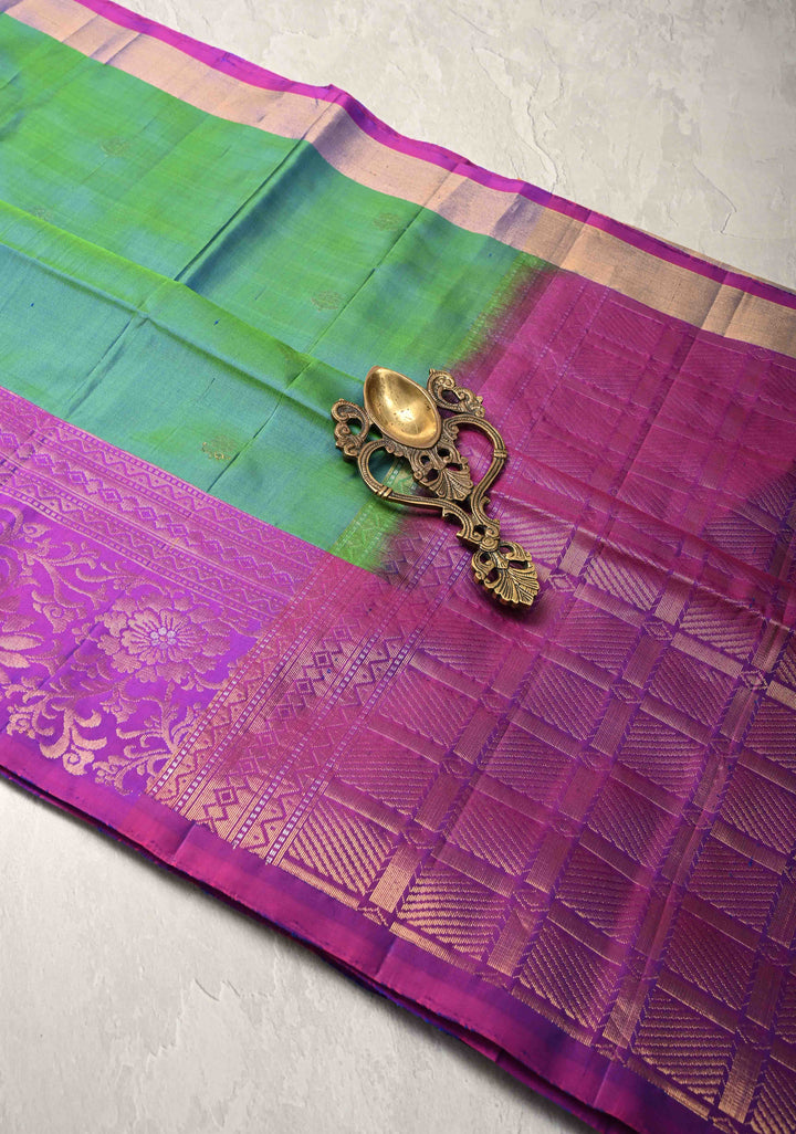Peacock Blue Green Dual tone Kanjivaram Soft Silk Saree with Resham Buttas and Contrast Purple Border | SILK MARK CERTIFIED