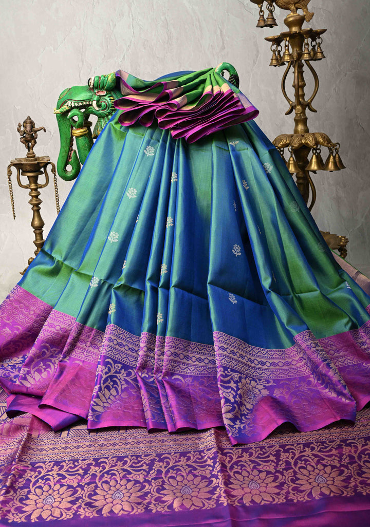 Peacock Blue Green Dual tone Kanjivaram Soft Silk Saree with Resham Buttas and Contrast Purple Border | SILK MARK CERTIFIED