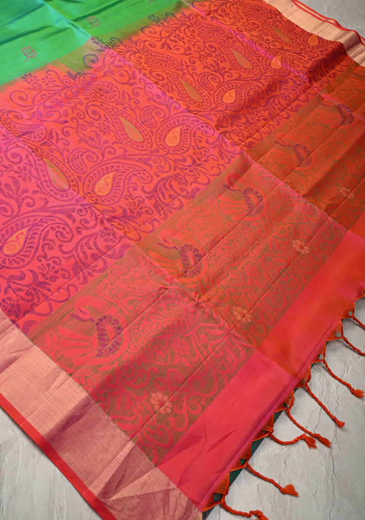 Sea Green-Blue Dual tone Kanjivaram Soft Silk Saree with Resham Weave and Tissue Zari Border | SILK MARK CERTIFIED