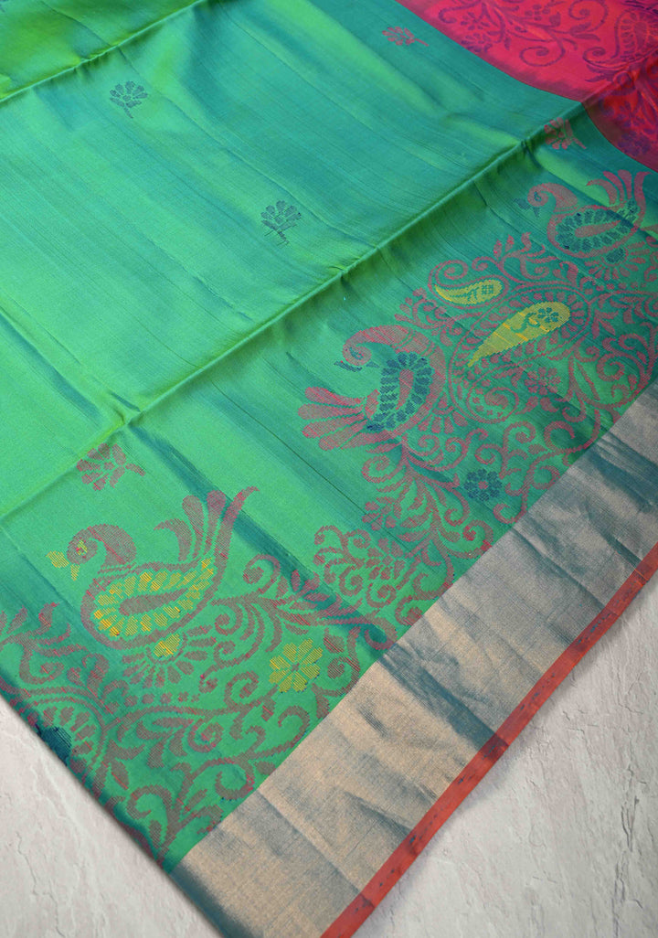 Sea Green-Blue Dual tone Kanjivaram Soft Silk Saree with Resham Weave and Tissue Zari Border | SILK MARK CERTIFIED