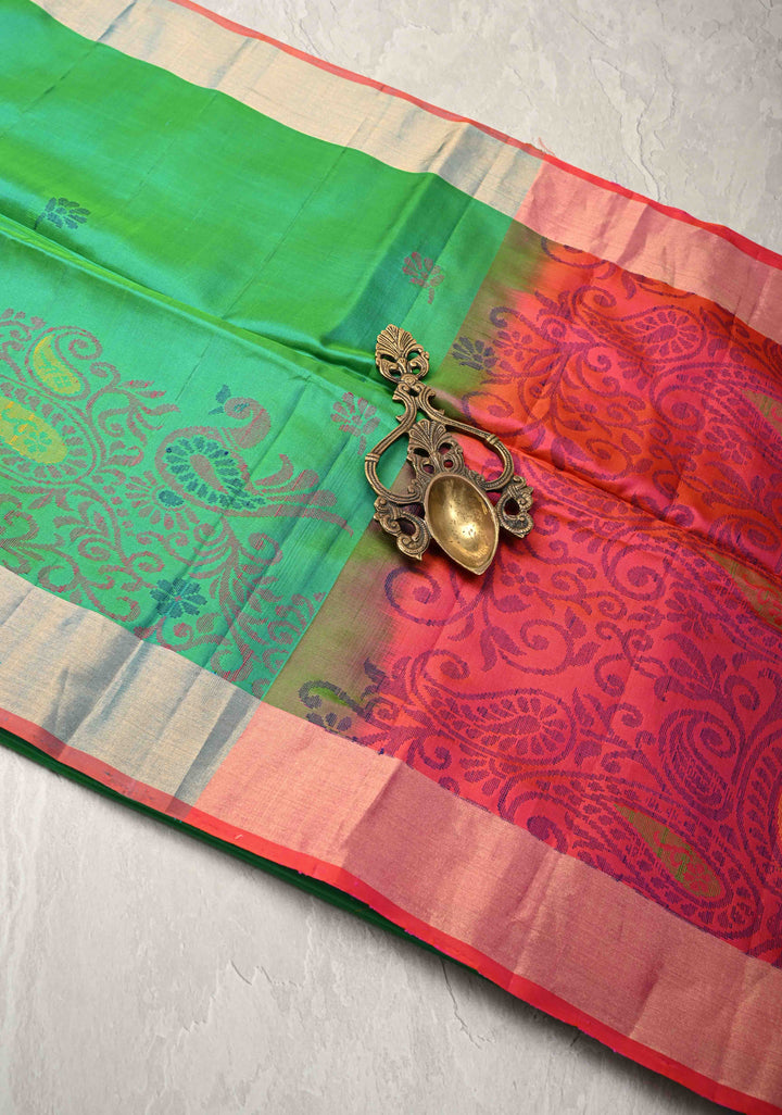Sea Green-Blue Dual tone Kanjivaram Soft Silk Saree with Resham Weave and Tissue Zari Border | SILK MARK CERTIFIED