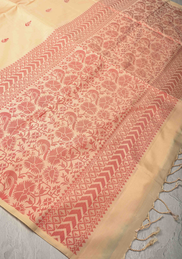 Cream Kanjivaram Soft Silk Saree with Resham Weave Buttas and Border | SILK MARK CERTIFIED