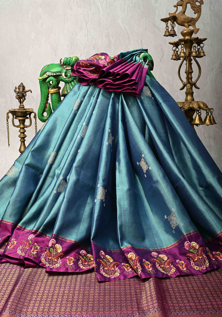 Dusty Blue Kanjivaram Soft Silk Saree with Zari Buttas and Machine Embroidery on Contrast Border | SILK MARK CERTIFIED