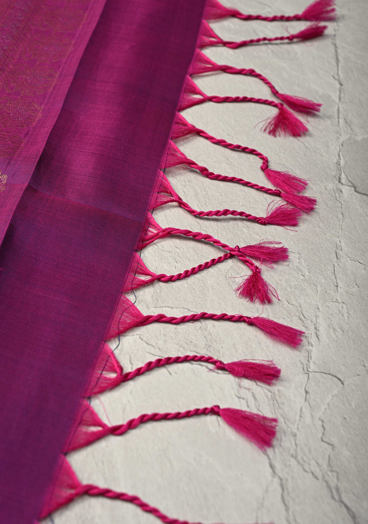 Dusty Blue Kanjivaram Soft Silk Saree with Zari Buttas and Machine Embroidery on Contrast Border | SILK MARK CERTIFIED