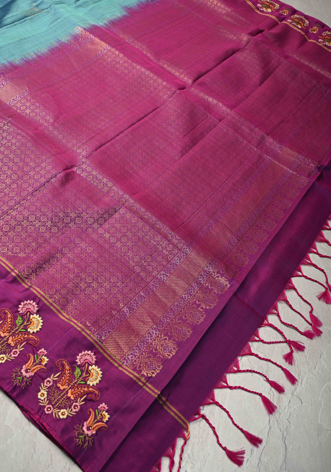 Dusty Blue Kanjivaram Soft Silk Saree with Zari Buttas and Machine Embroidery on Contrast Border | SILK MARK CERTIFIED