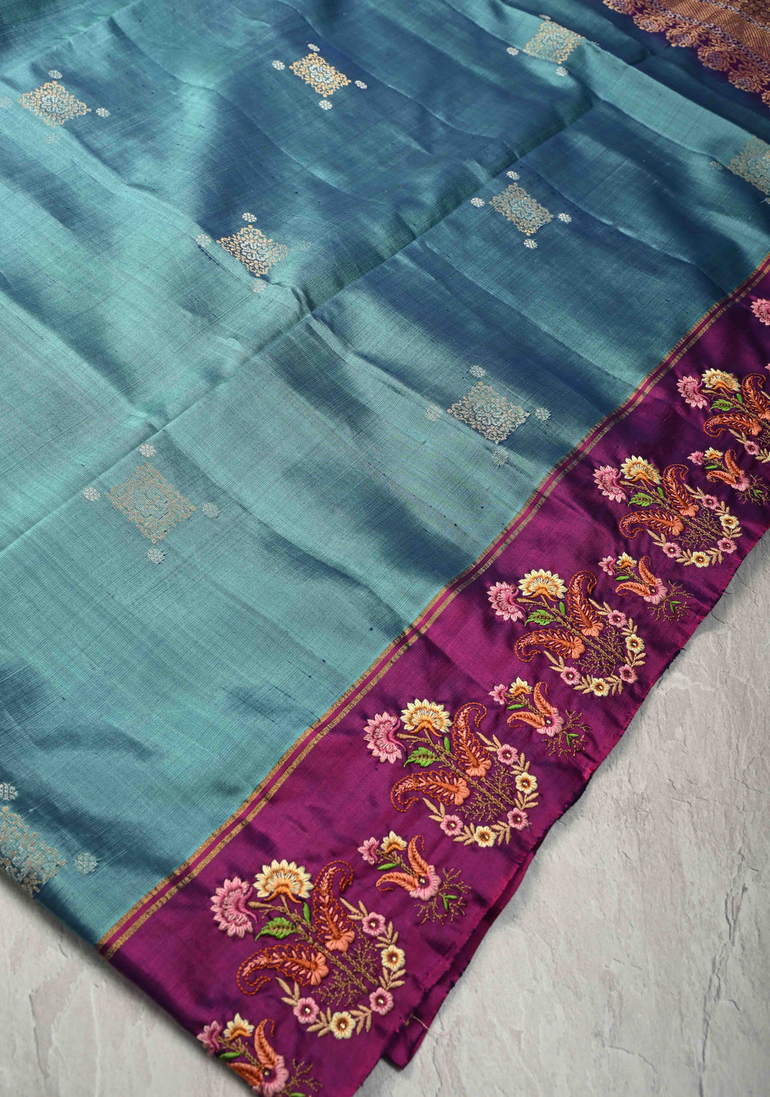 Dusty Blue Kanjivaram Soft Silk Saree with Zari Buttas and Machine Embroidery on Contrast Border | SILK MARK CERTIFIED