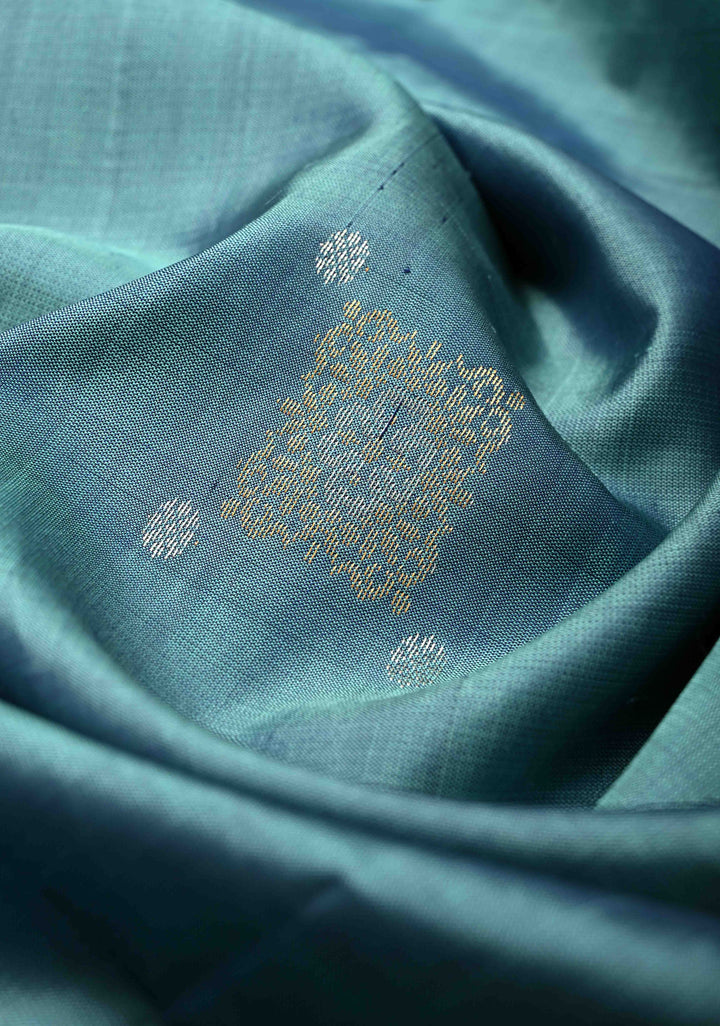 Dusty Blue Kanjivaram Soft Silk Saree with Zari Buttas and Machine Embroidery on Contrast Border | SILK MARK CERTIFIED