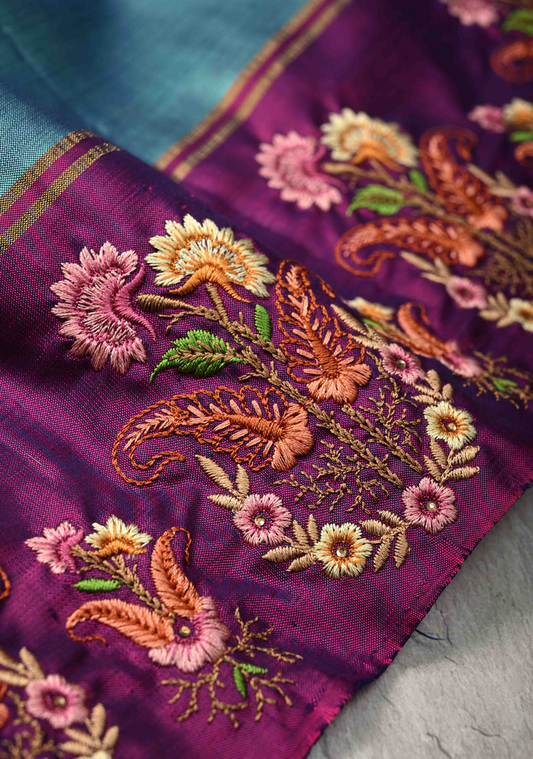 Dusty Blue Kanjivaram Soft Silk Saree with Zari Buttas and Machine Embroidery on Contrast Border | SILK MARK CERTIFIED