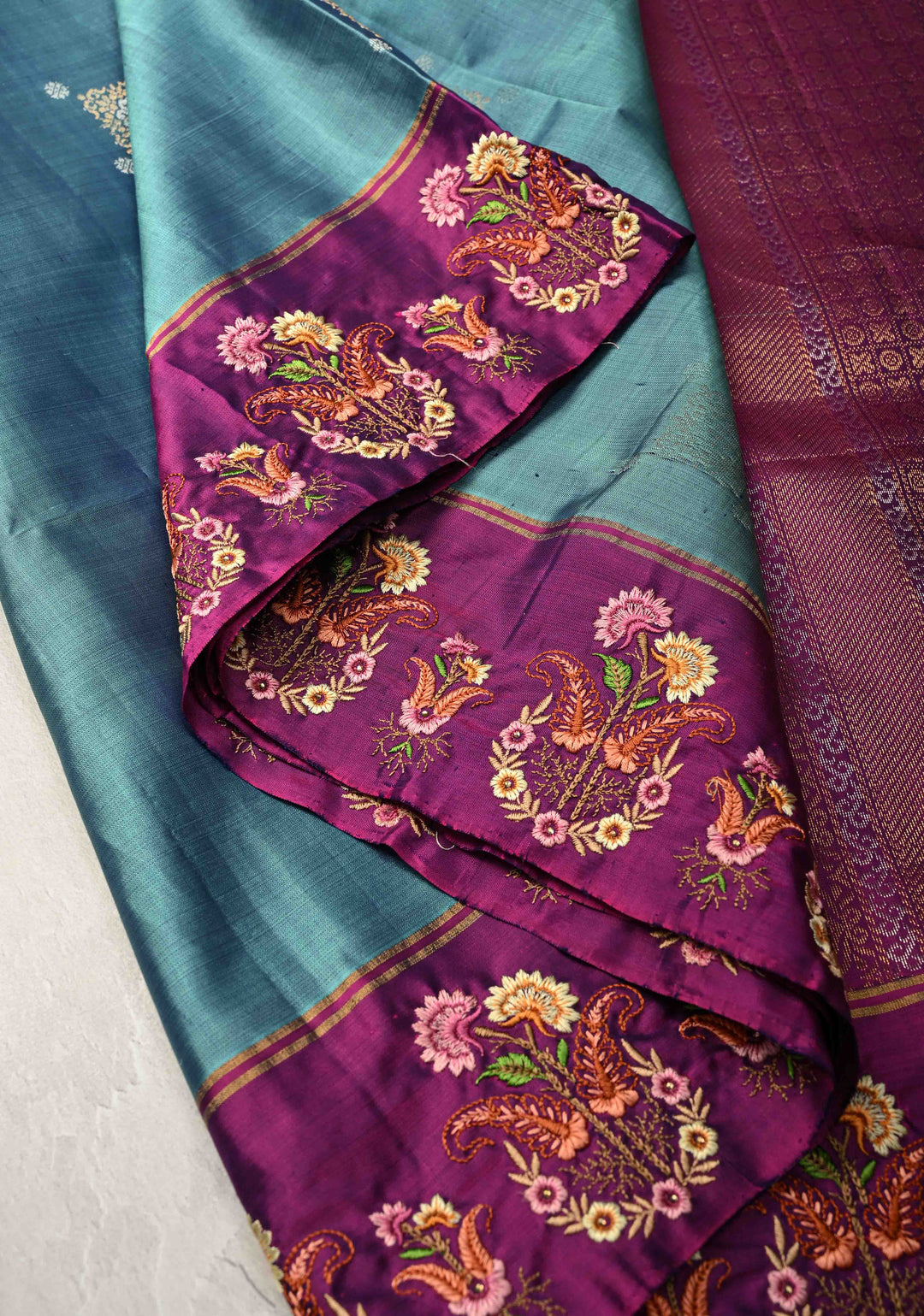 Dusty Blue Kanjivaram Soft Silk Saree with Zari Buttas and Machine Embroidery on Contrast Border | SILK MARK CERTIFIED