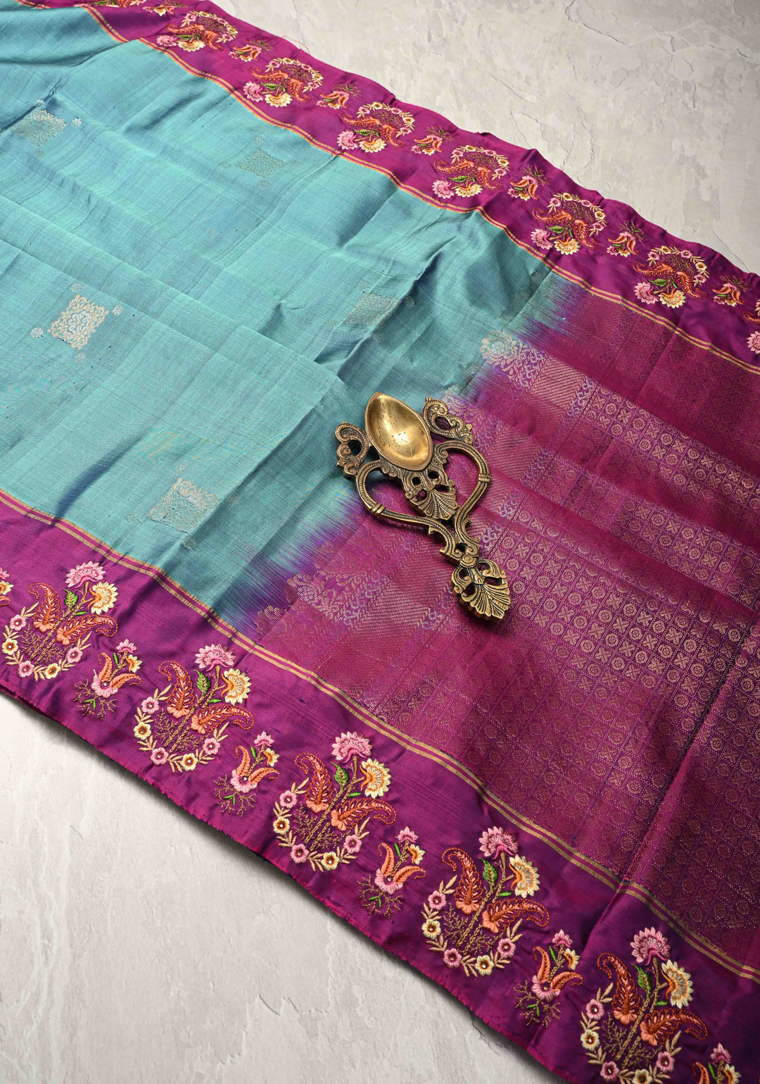 Dusty Blue Kanjivaram Soft Silk Saree with Zari Buttas and Machine Embroidery on Contrast Border | SILK MARK CERTIFIED