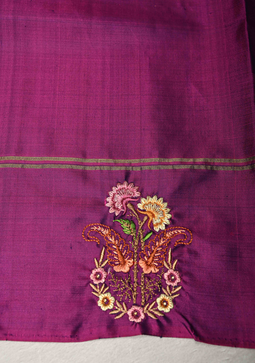 Dusty Blue Kanjivaram Soft Silk Saree with Zari Buttas and Machine Embroidery on Contrast Border | SILK MARK CERTIFIED