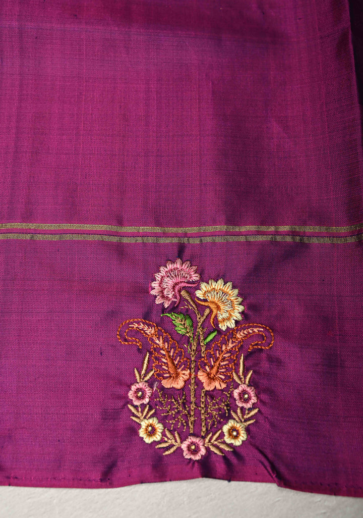 Dusty Blue Kanjivaram Soft Silk Saree with Zari Buttas and Machine Embroidery on Contrast Border | SILK MARK CERTIFIED