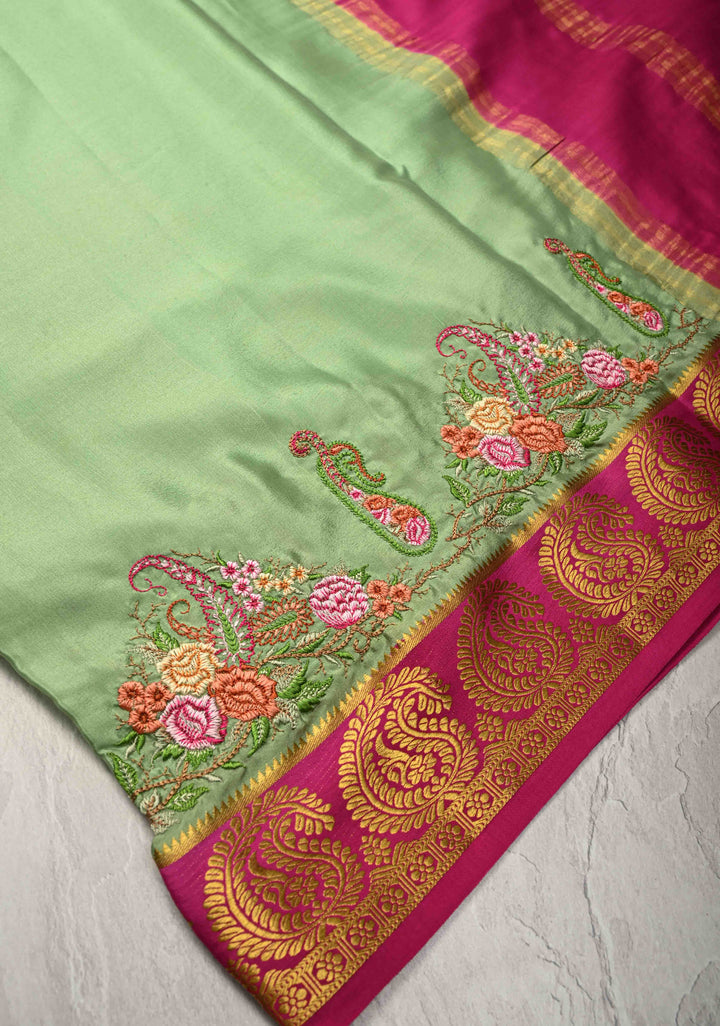 Dark Sage Green Mysore Silk saree with Paisley style machine embroidery and Zari Border | SILK MARK CERTIFIED