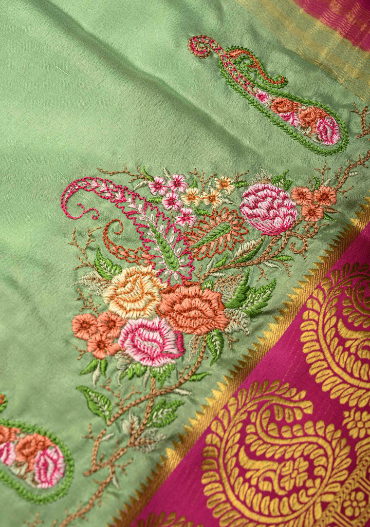 Dark Sage Green Mysore Silk saree with Paisley style machine embroidery and Zari Border | SILK MARK CERTIFIED