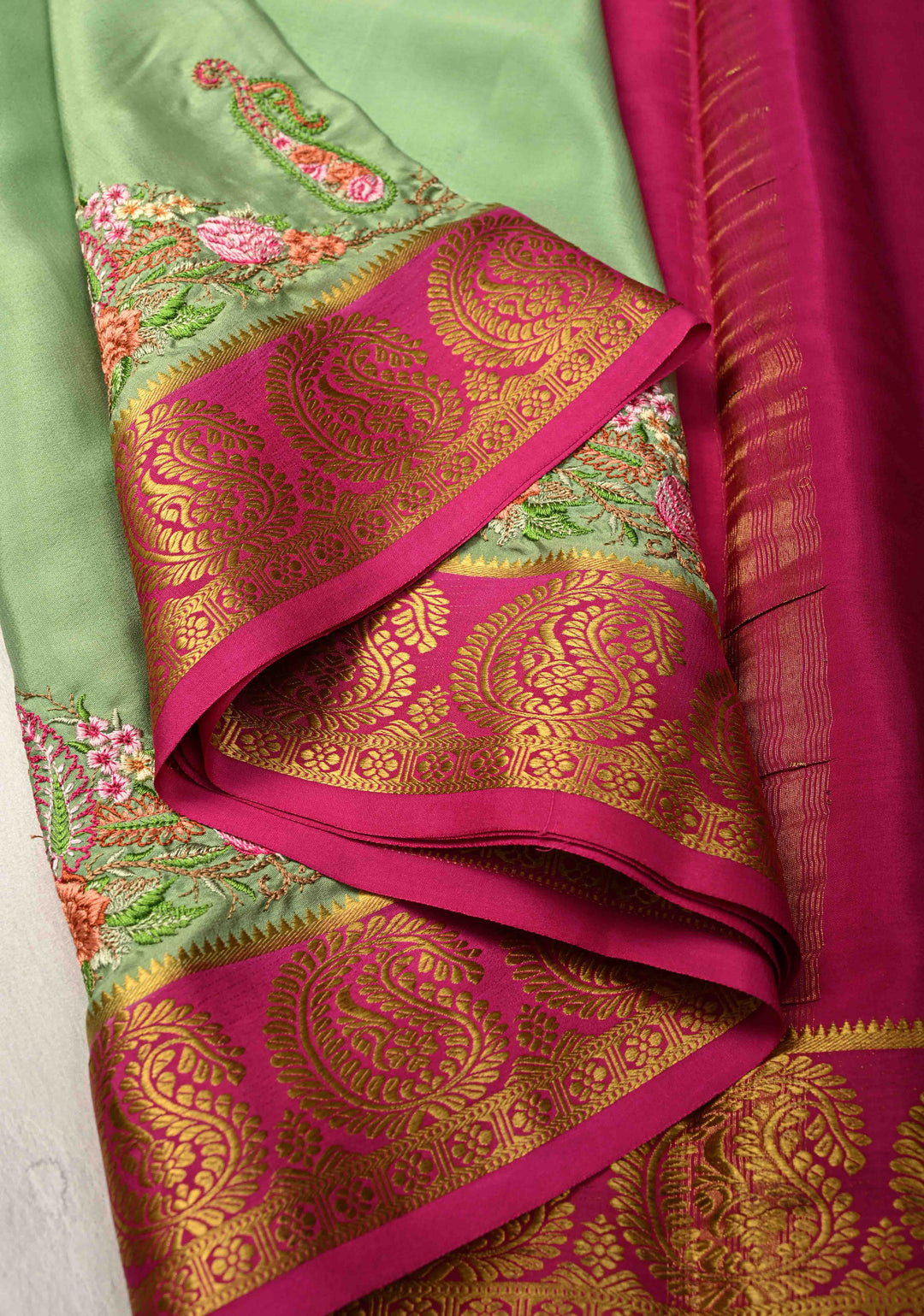 Dark Sage Green Mysore Silk saree with Paisley style machine embroidery and Zari Border | SILK MARK CERTIFIED