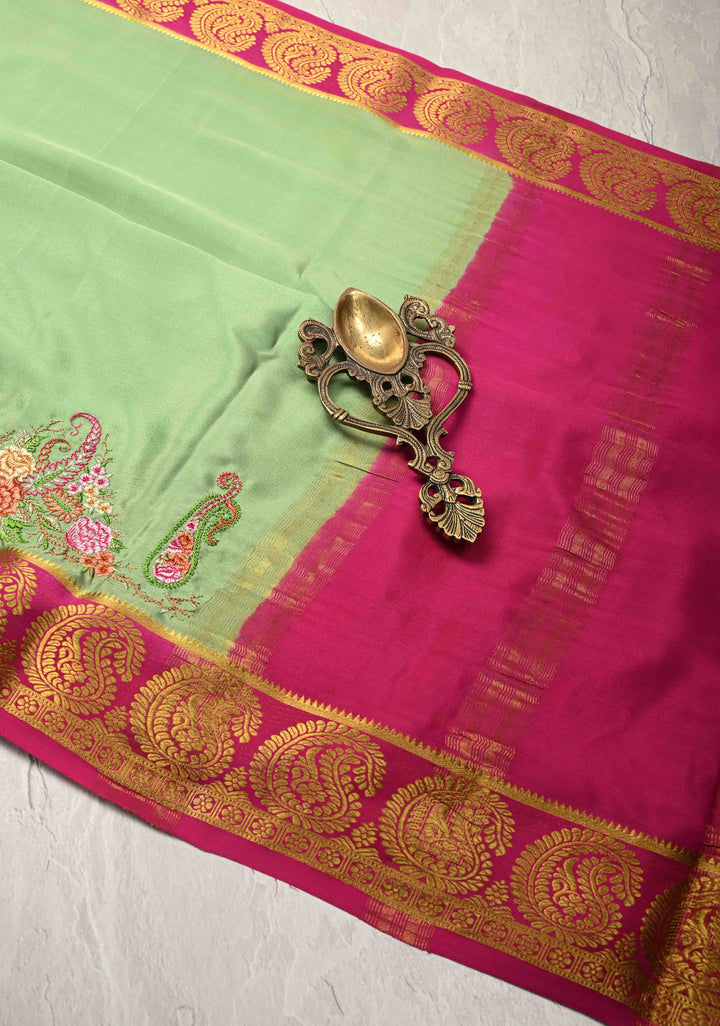 Dark Sage Green Mysore Silk saree with Paisley style machine embroidery and Zari Border | SILK MARK CERTIFIED
