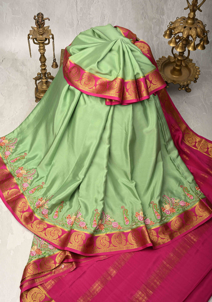 Dark Sage Green Mysore Silk saree with Paisley style machine embroidery and Zari Border | SILK MARK CERTIFIED