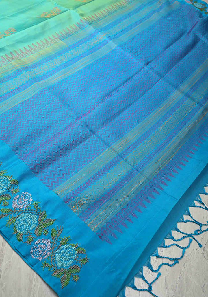 Sea Green Dual tone Kanjivaram Soft Silk Saree with Resham Weave Buttas and Cross Stitch Machine Embroidery Border | SILK MARK CERTIFIED