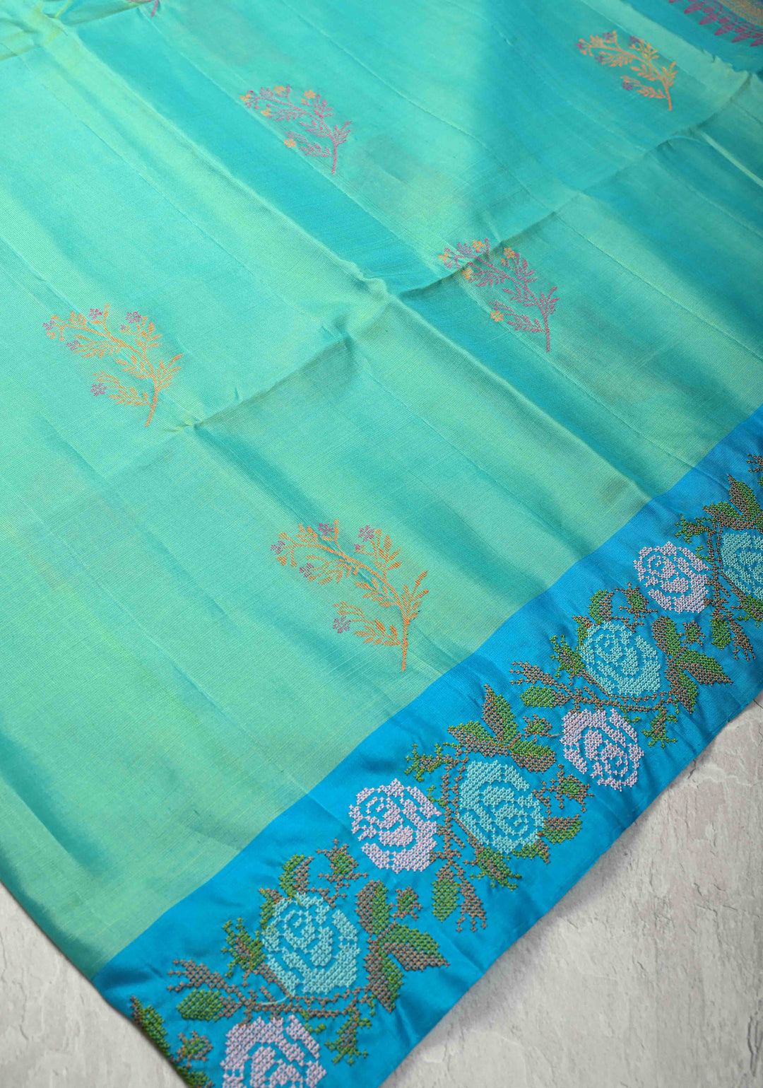 Sea Green Dual tone Kanjivaram Soft Silk Saree with Resham Weave Buttas and Cross Stitch Machine Embroidery Border | SILK MARK CERTIFIED