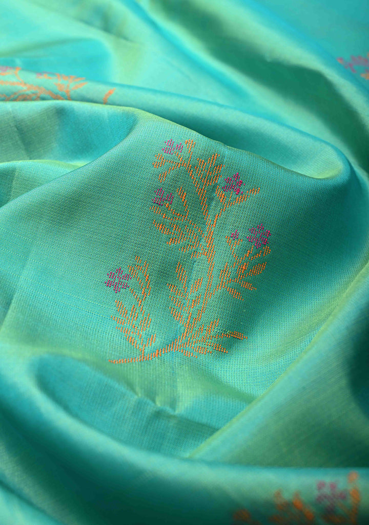 Sea Green Dual tone Kanjivaram Soft Silk Saree with Resham Weave Buttas and Cross Stitch Machine Embroidery Border | SILK MARK CERTIFIED