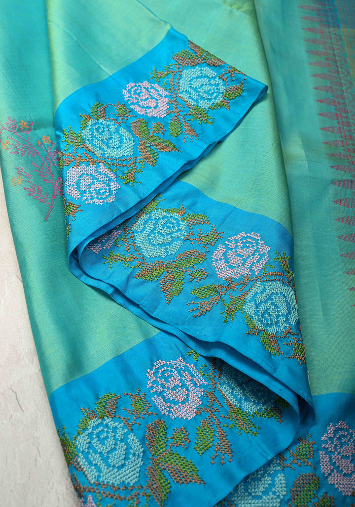 Sea Green Dual tone Kanjivaram Soft Silk Saree with Resham Weave Buttas and Cross Stitch Machine Embroidery Border | SILK MARK CERTIFIED