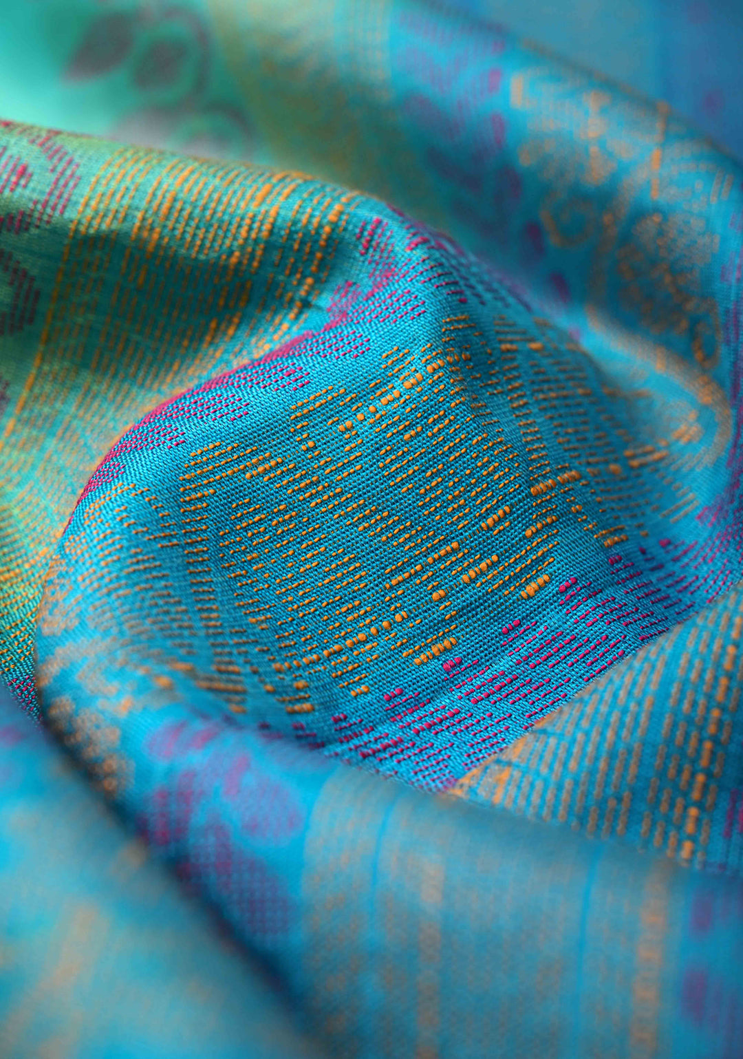 Sea Green Dual tone Kanjivaram Soft Silk Saree with Resham Weave Buttas and Cross Stitch Machine Embroidery Border | SILK MARK CERTIFIED