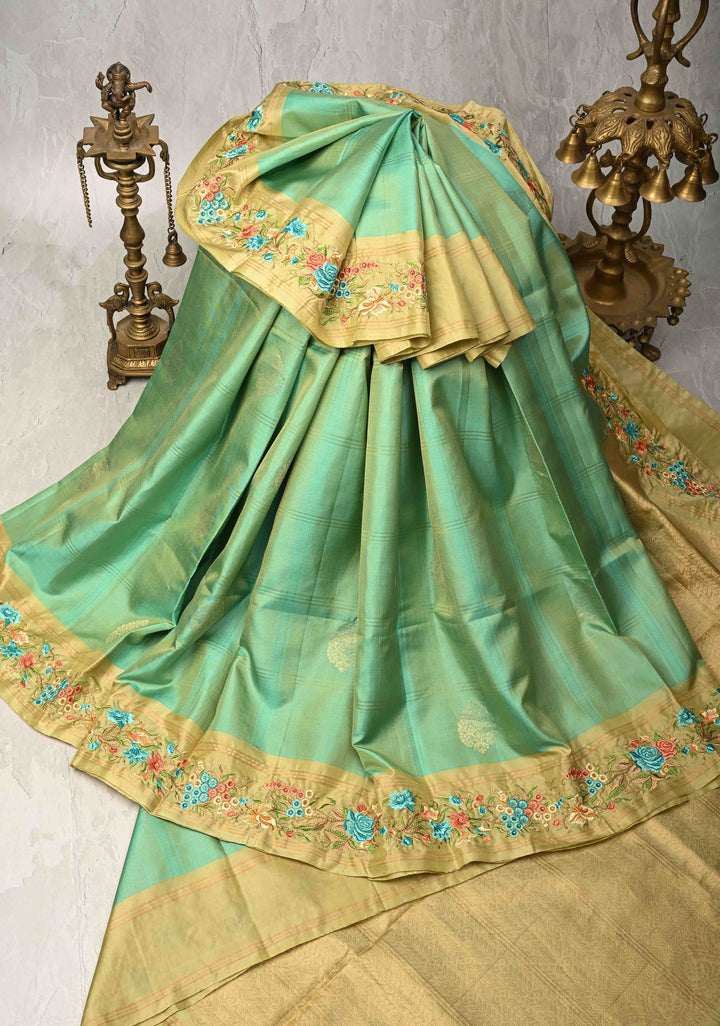 Sea Green Dual Tone Checks Kanjivaram Saree with Damask Motifs Cross Stitch Machine Embroidery Border | SILK MARK CERTIFIED
