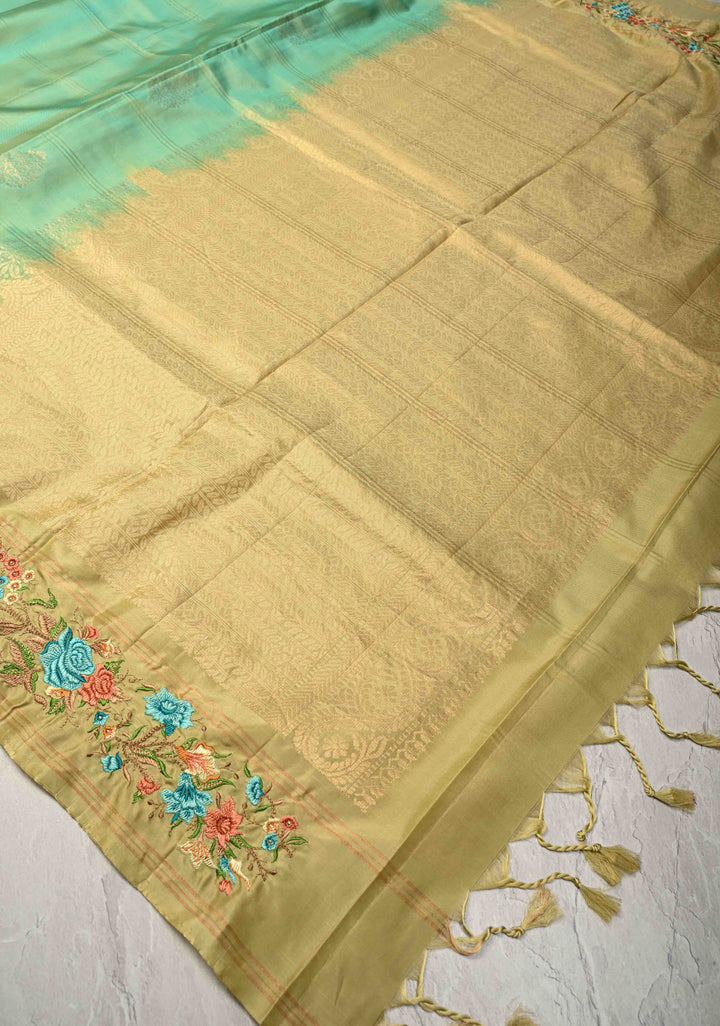 Sea Green Dual Tone Checks Kanjivaram Saree with Damask Motifs Cross Stitch Machine Embroidery Border | SILK MARK CERTIFIED