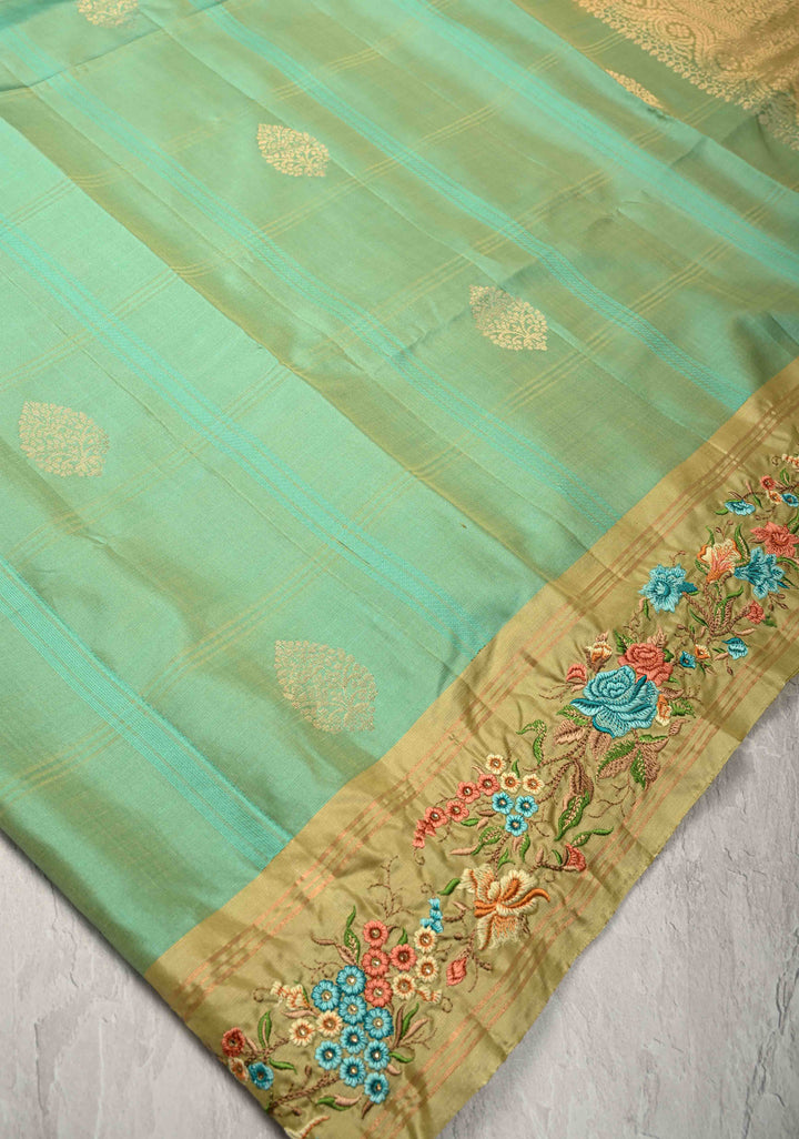 Sea Green Dual Tone Checks Kanjivaram Saree with Damask Motifs Cross Stitch Machine Embroidery Border | SILK MARK CERTIFIED