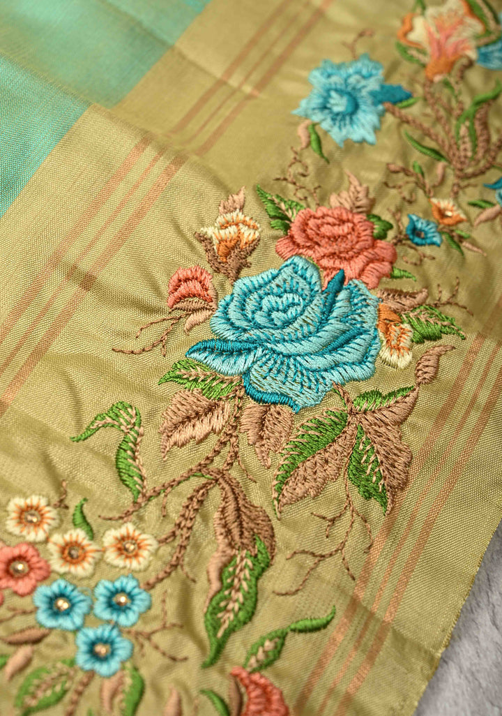 Sea Green Dual Tone Checks Kanjivaram Saree with Damask Motifs Cross Stitch Machine Embroidery Border | SILK MARK CERTIFIED