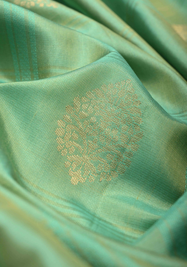 Sea Green Dual Tone Checks Kanjivaram Saree with Damask Motifs Cross Stitch Machine Embroidery Border | SILK MARK CERTIFIED