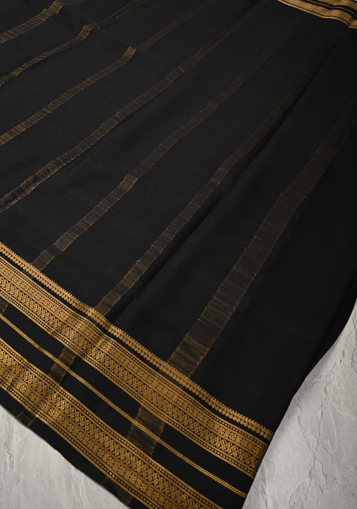 Black Pure Mysore Crepe Silk Saree with Zari Border | SILK MARK CERTIFIED