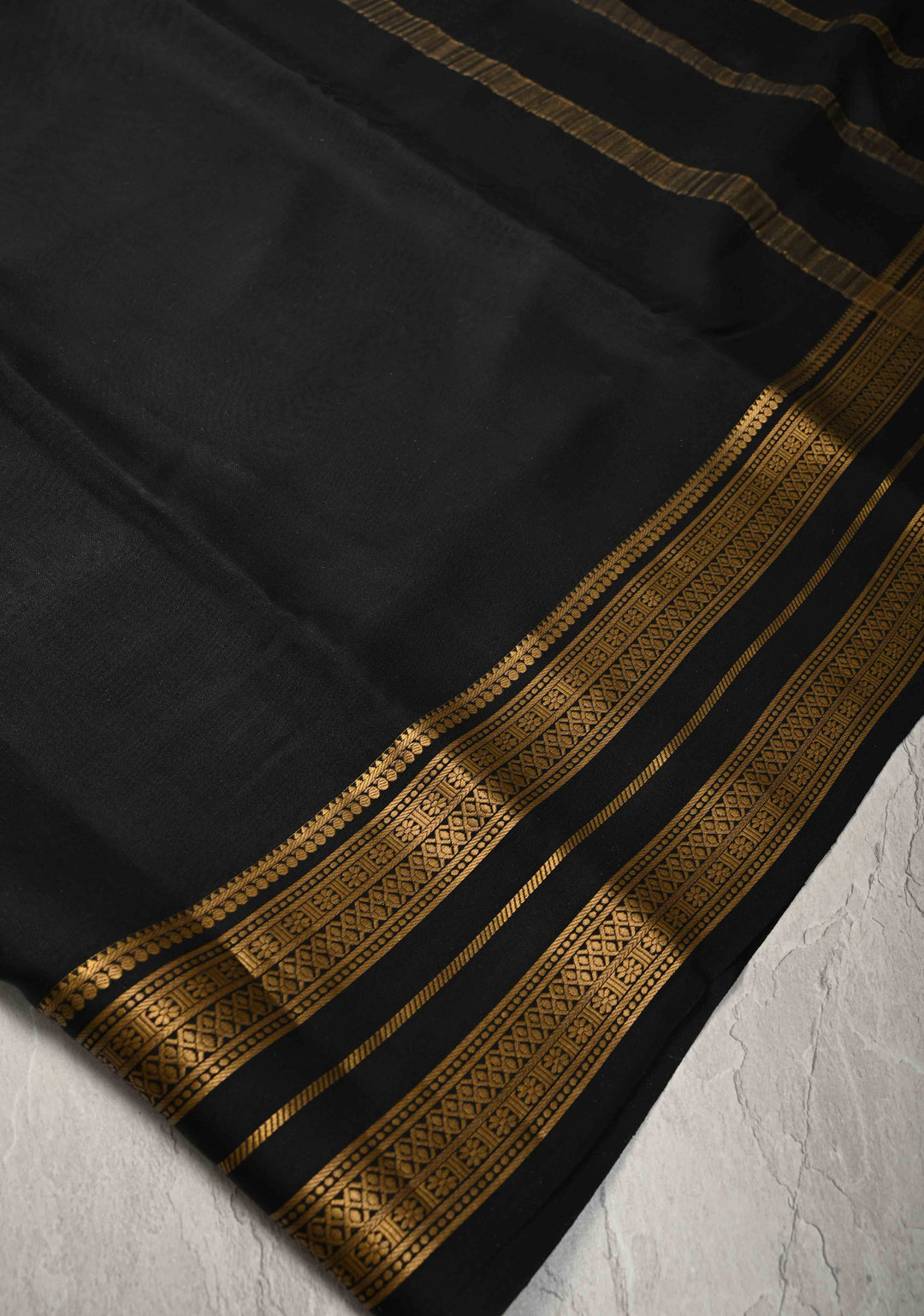 Black Pure Mysore Crepe Silk Saree with Zari Border | SILK MARK CERTIFIED