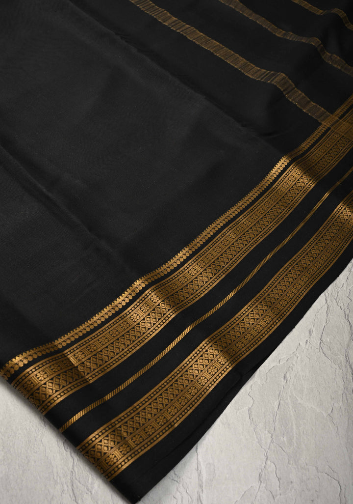Black Pure Mysore Crepe Silk Saree with Zari Border | SILK MARK CERTIFIED