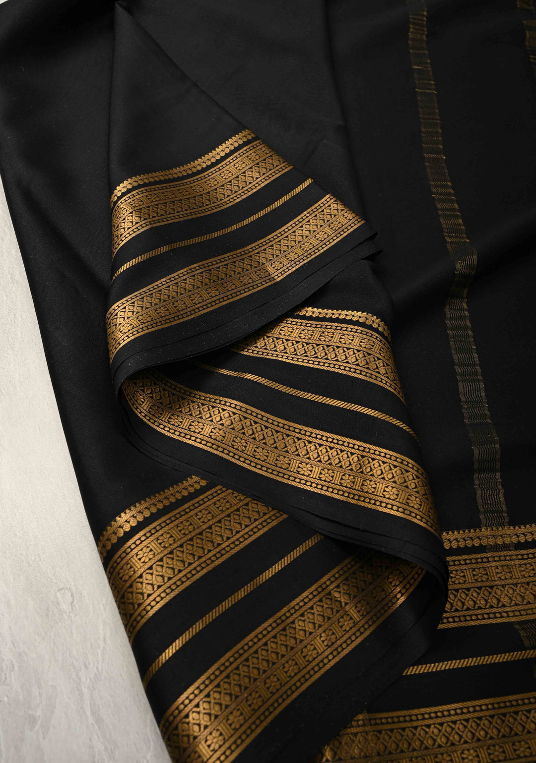 Black Pure Mysore Crepe Silk Saree with Zari Border | SILK MARK CERTIFIED