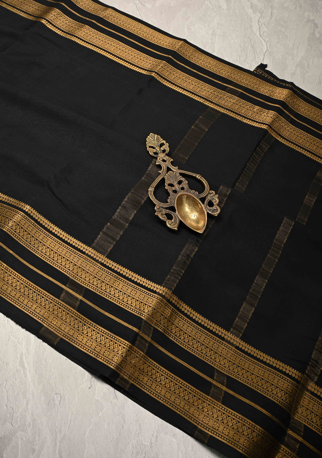 Black Pure Mysore Crepe Silk Saree with Zari Border | SILK MARK CERTIFIED