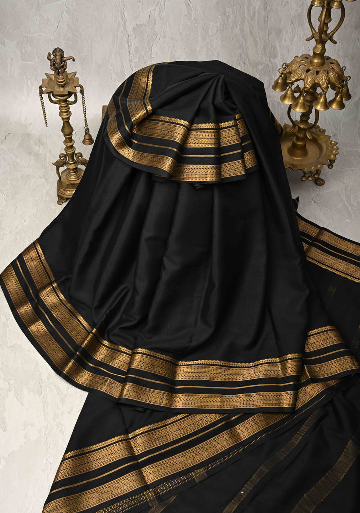 Black Pure Mysore Crepe Silk Saree with Zari Border | SILK MARK CERTIFIED