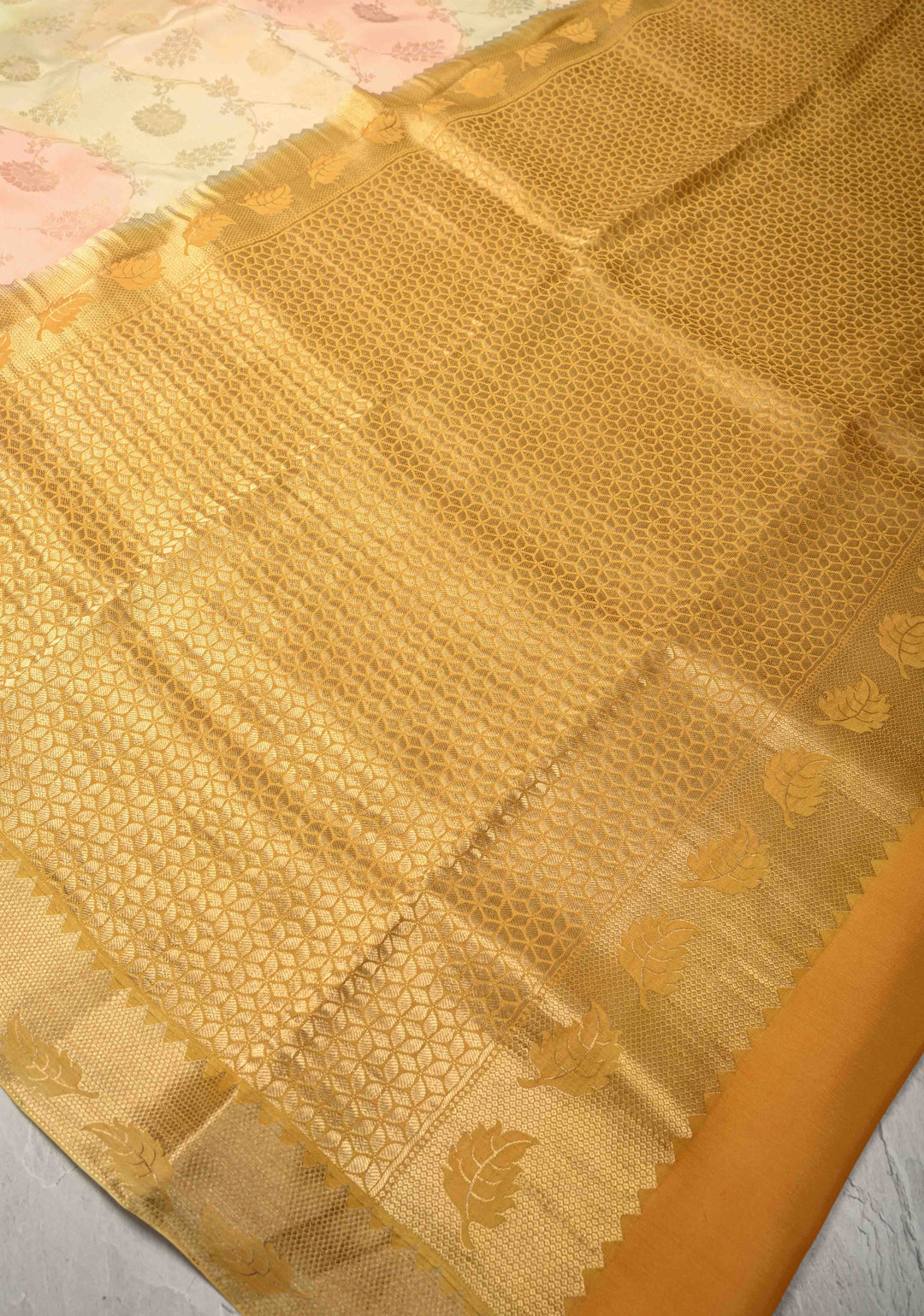 Pastel Hued Brush Dye on Mysore Crepe Silk Saree with Zari Brocade Jaal and Zari Borders   | SILK MARK CERTIFIED