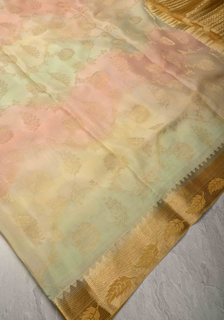 Pastel Hued Brush Dye on Mysore Crepe Silk Saree with Zari Brocade Jaal and Zari Borders   | SILK MARK CERTIFIED