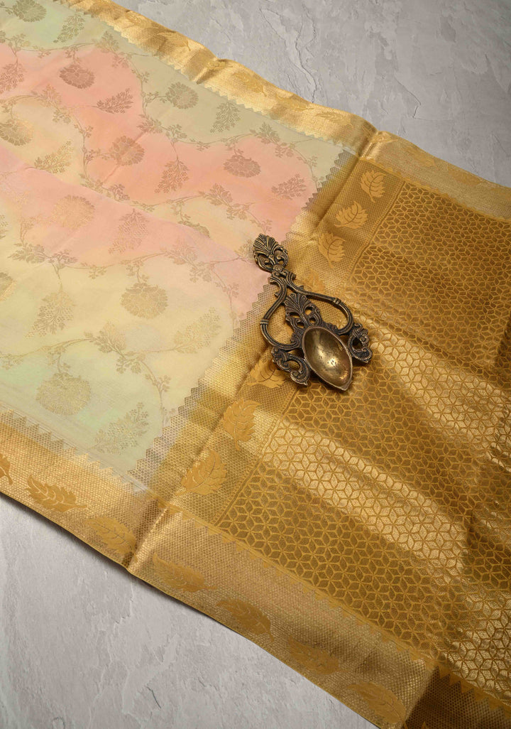 Pastel Hued Brush Dye on Mysore Crepe Silk Saree with Zari Brocade Jaal and Zari Borders   | SILK MARK CERTIFIED