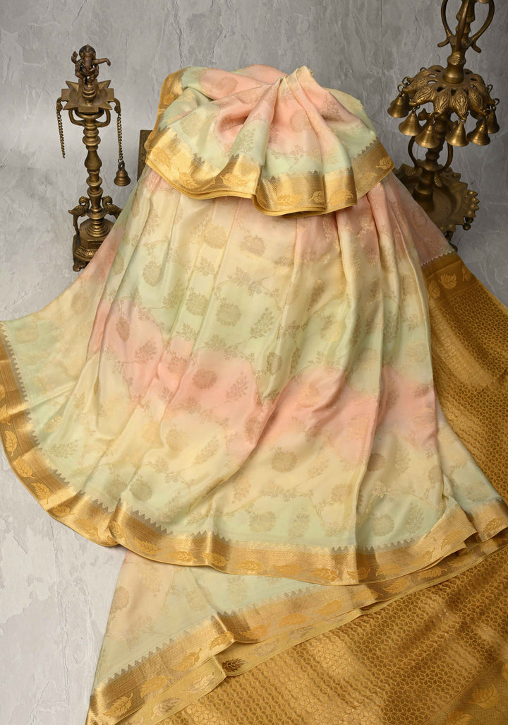 Pastel Hued Brush Dye on Mysore Crepe Silk Saree with Zari Brocade Jaal and Zari Borders   | SILK MARK CERTIFIED
