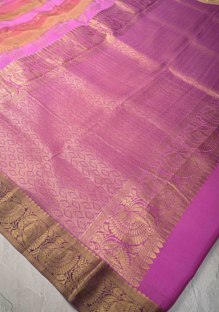 Pastel Hued Brush Dye on Mysore Crepe Silk Saree with Floral Jaal and Zari Border   | SILK MARK CERTIFIED