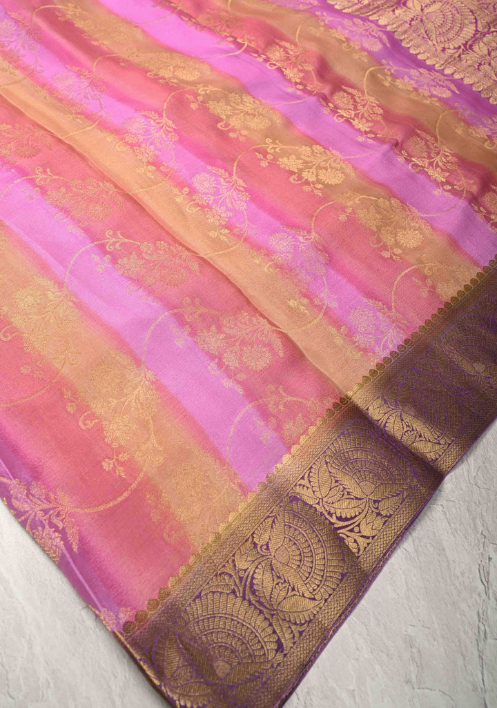 Pastel Hued Brush Dye on Mysore Crepe Silk Saree with Floral Jaal and Zari Border   | SILK MARK CERTIFIED