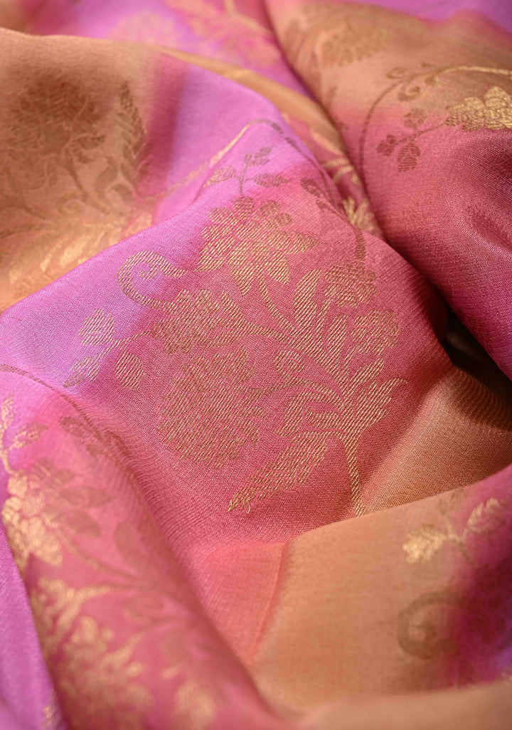Pastel Hued Brush Dye on Mysore Crepe Silk Saree with Floral Jaal and Zari Border   | SILK MARK CERTIFIED