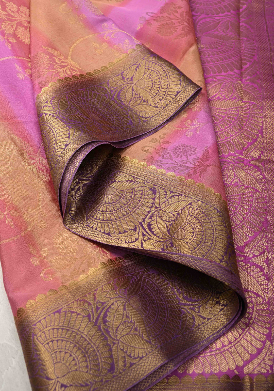 Pastel Hued Brush Dye on Mysore Crepe Silk Saree with Floral Jaal and Zari Border   | SILK MARK CERTIFIED