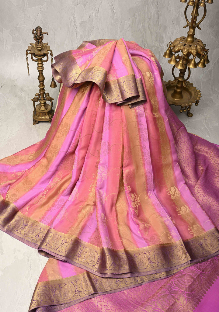 Pastel Hued Brush Dye on Mysore Crepe Silk Saree with Floral Jaal and Zari Border   | SILK MARK CERTIFIED