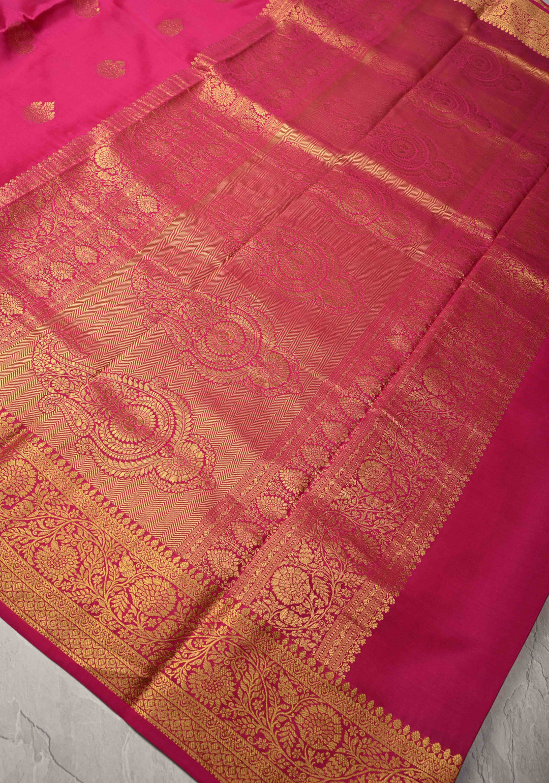Bright Pink  Pure Mysore Silk Saree with Zari buttas and Zari Border | SILK MARK CERTIFIED