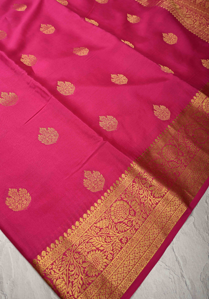 Bright Pink  Pure Mysore Silk Saree with Zari buttas and Zari Border | SILK MARK CERTIFIED